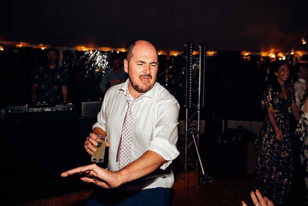 wedding guest dancing at porthilly farm